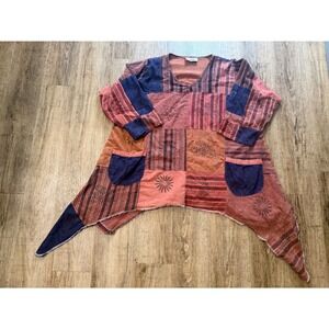 Cute Things Silk Recycle Art Patchwork Asymmetrical Tunic Top Orange Navy XL